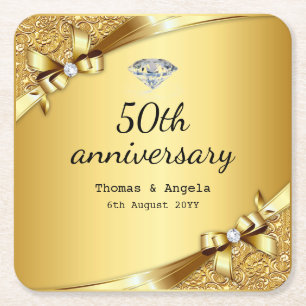 Faux Metallic Gold Diamond 50th Anniversary Luxury Square Paper Coaster