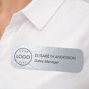 Faux Metallic Grey Elegant Business Logo Employee Name Tag