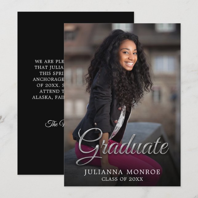Faux Metallic Silver Calligraphy Graduate  Announcement (Front/Back)