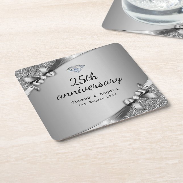 Faux Metallic Silver Diamond 25th Anniversary Glam Square Paper Coaster (Angled)