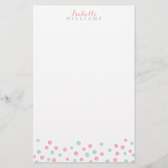 Faux Mint and Pink Glitter Confetti Dots Stationery (Front)