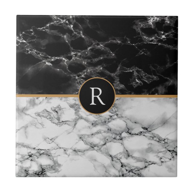 Faux Monogram Trendy Black White Marble Ceramic Tile (Front)