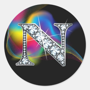 Faux "N" Diamond Bling on Rainbow Swirl Heart Classic Round Sticker