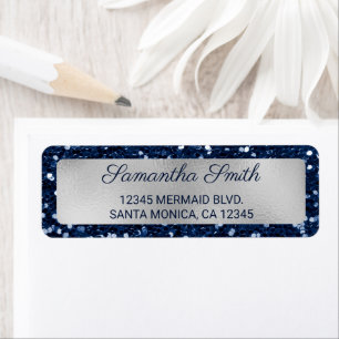Faux Navy Blue Glitter and Silver Foil Return Address Label