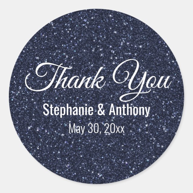 Faux Navy Blue Glitter Wedding Thank You Classic Round Sticker (Front)
