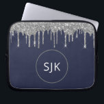 Faux Navy Blue Silver Dripping Glitter Monogram Laptop Sleeve<br><div class="desc">Silver and Navy Blue Faux Dripping Glitter and Sparkle Elegant Monogrammed Initials Case. This case can be customised to include your initial and first name.</div>