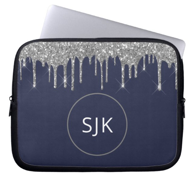 Faux Navy Blue Silver Dripping Glitter Monogram Laptop Sleeve (Front)