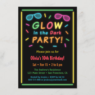 Faux Neon Glow Birthday Party Invitations