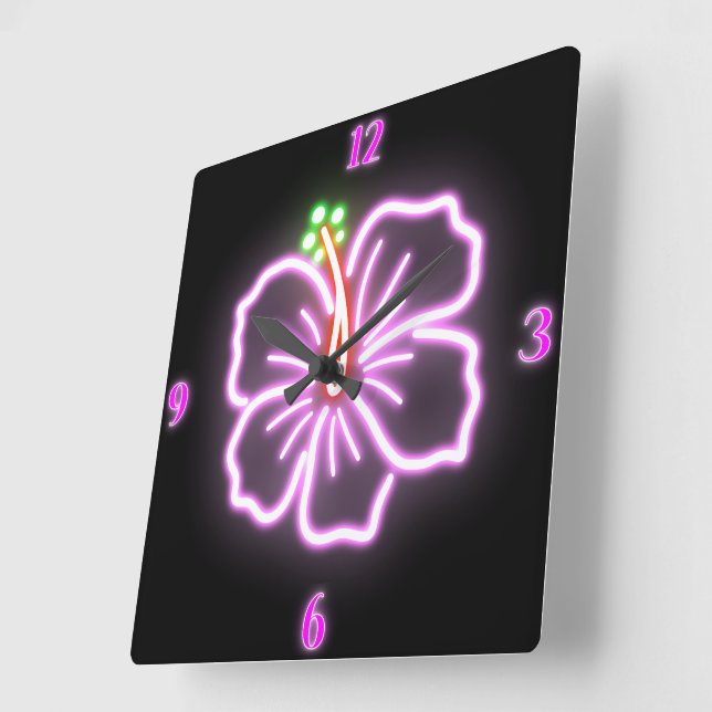 Faux Neon Hibiscus Wall Clock (Angle)