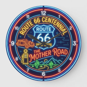 Faux Neon Mother Road Route 66 Centennial Large Clock