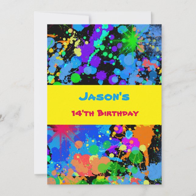Faux Neon, Paint Splatter, Birthday Invitation (Front)