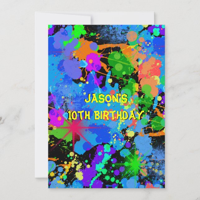 Faux Neon, Paint Splatter, Paintball, Invitation (Front)
