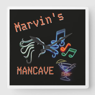 Faux Neon Sign Mancave Tavern Timepiece Square Wall Clock