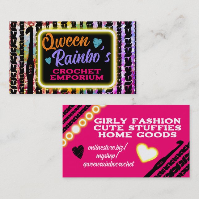 Faux neon stitching crochet hook yarn stitches business card (Front/Back)
