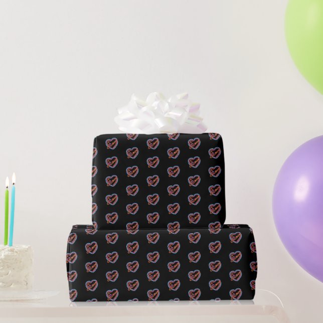 Faux Neon Valentine Pink Blue Red Hearts on Black  Wrapping Paper (Party Gifts)