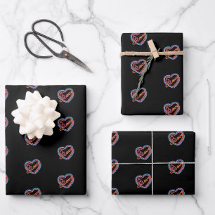 Faux Neon Valentine Pink Blue Red Hearts on Black Wrapping Paper Sheet