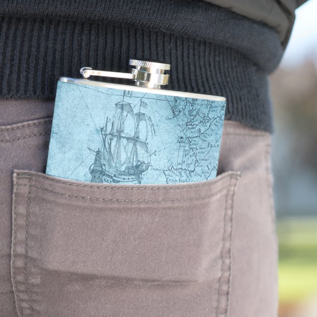 Faux Old World Map, 6oz Vinyl Wrapped Hip Flask (In Situ)