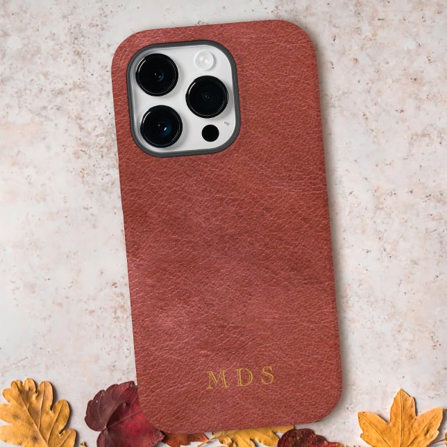 Faux Orange Red Leather Oxblood Gold Monogram Case-Mate iPhone Case (A rust colored faux leather phone case with space for your initials. Perfect for fall!)