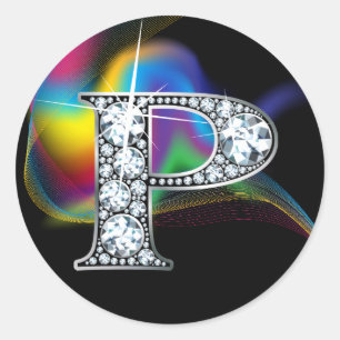 Faux "P" Diamond Bling on Rainbow Swirl Heart Classic Round Sticker