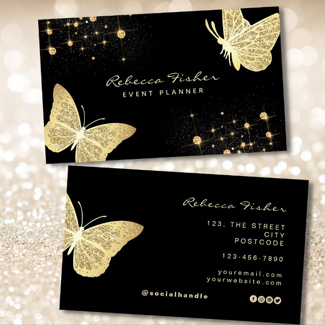 Faux Pale Ivory Gold Butterfly Sparkle Business Card (Gold & Black Business Card)