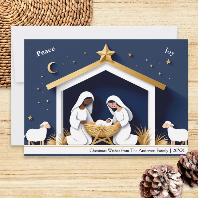 Faux Papercraft Peace & Joy Nativity Christmas Holiday Card (A faux papercraft Christmas card with nativity scene. Mary, Joseph and baby Jesus in the manger)