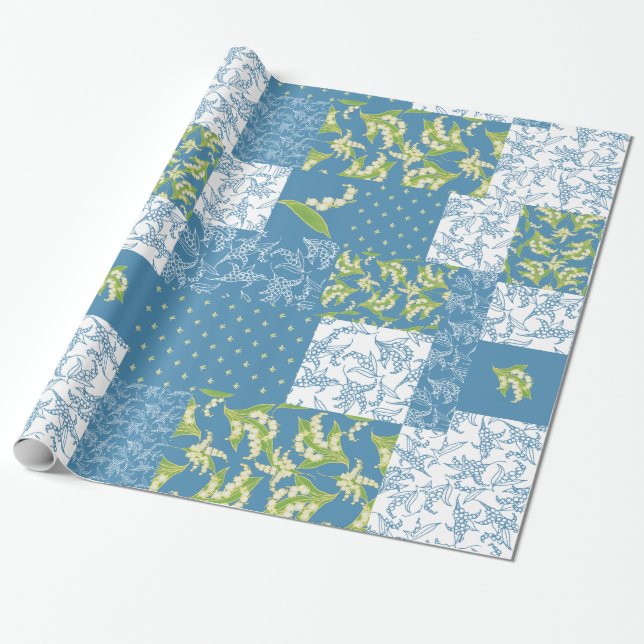 Faux Patchwork Giftwrap: Lily of the Valley, Blue Wrapping Paper (Unrolled)