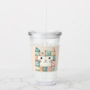 Faux Patchwork Pastel Cottage Kitty Face Acrylic Tumbler