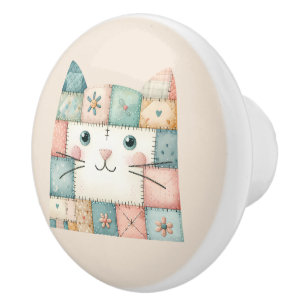 Faux Patchwork Pastel Cottage Kitty Face Ceramic Knob