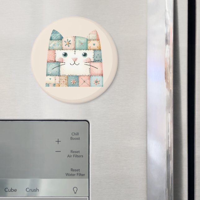Faux Patchwork Pastel Cottage Kitty Face Magnet (In Situ (Fridge))