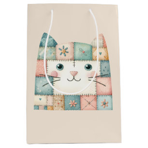 Faux Patchwork Pastel Cottage Kitty Face Medium Gift Bag