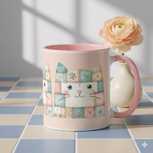 Faux Patchwork Pastel Cottage Kitty Face Pink Mug