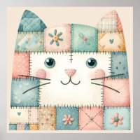 Faux Patchwork Pastel Cottage Kitty Face