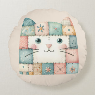 Faux Patchwork Pastel Cottage Kitty Face Round Cushion