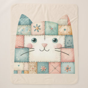 Faux Patchwork Pastel Cottage Kitty Face Sherpa Blanket
