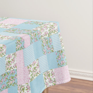 Faux Patchwork, Pink, Blue Apple Blossom Patterns Tablecloth