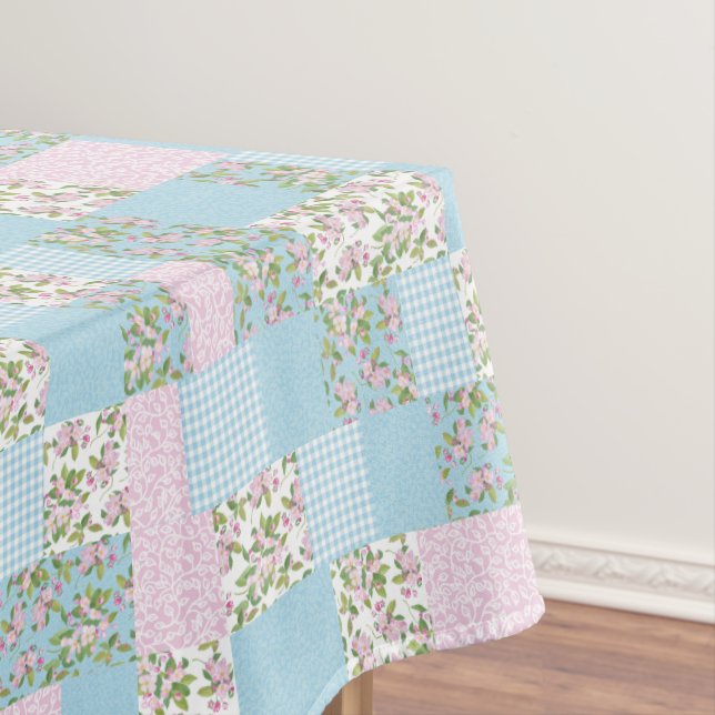 Faux Patchwork, Pink, Blue Apple Blossom Patterns Tablecloth (In Situ)