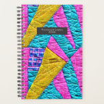 Faux Patchwork Quilt Boho Folk Art Inspired  Planner<br><div class="desc">Faux patchwork quilt inspired pink,  yellow,  and blue pattern on front and back with name inside grey rectangle at front.</div>