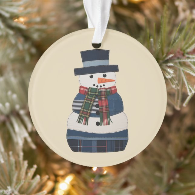 Faux Patchwork Snowman Holiday Xmas Ornament (Tree)