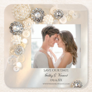 Faux Pearl Diamond Button Wedding Save the Date Square Paper Coaster