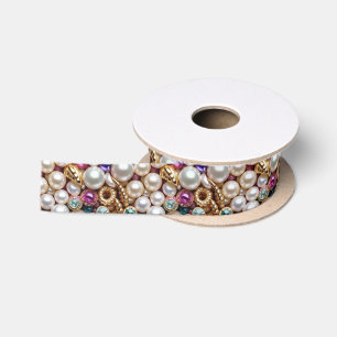 Faux Pearls Jewels & Gemstones Pattern Satin Ribbon
