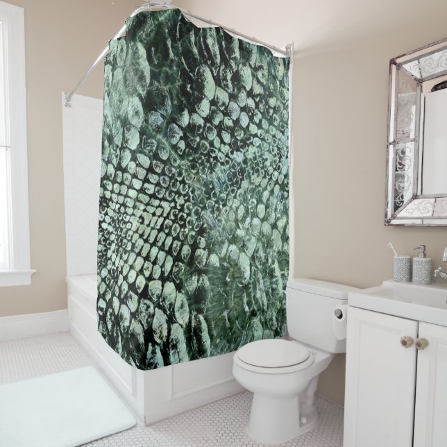 Faux pearly crocodile texture on green marble shower curtain (In Situ)