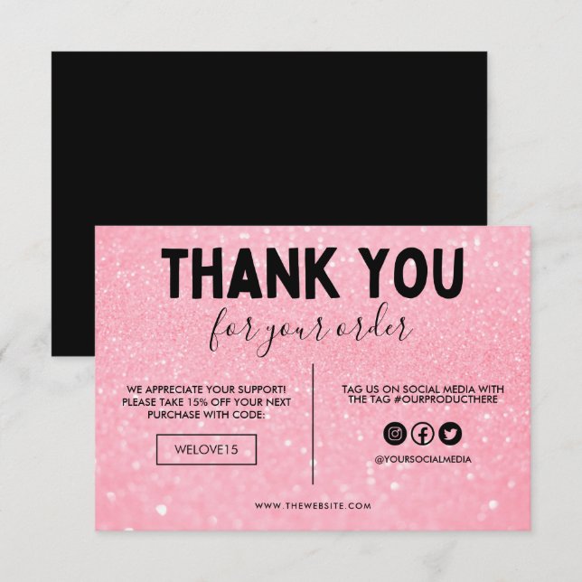 Faux Pink & Black Glitter Thank you Media Insert (Front/Back)