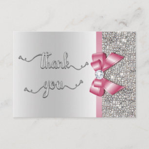 Faux Pink Bow Silver Sequins Thank You Wedding