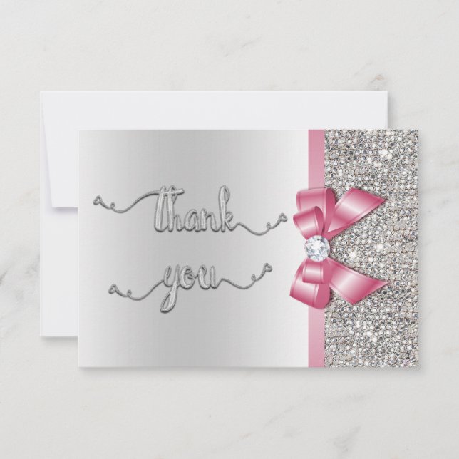 Faux Pink Bow Silver Sequins Thank You Wedding (Front)