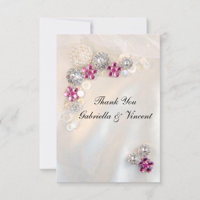 Faux Pink Diamond Pearl Buttons Wedding Thank You (Front)