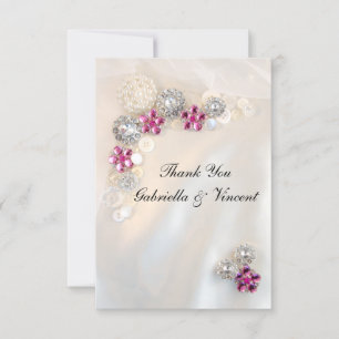 Faux Pink Diamond Pearl Buttons Wedding Thank You Card