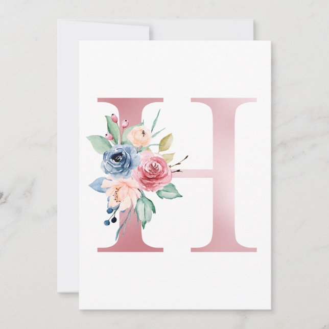 Faux Pink Foil Letter H Blush Floral Monogram Invitation (Front)