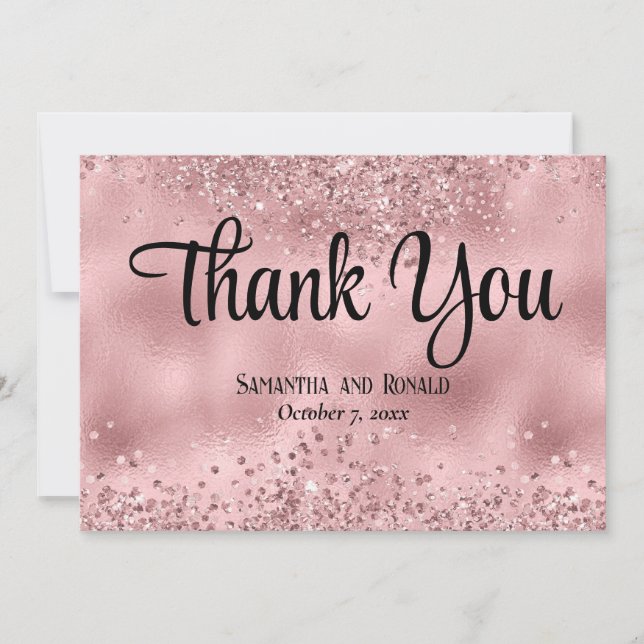 Faux Pink Glitter and Foil Wedding Thank You Card (Front)
