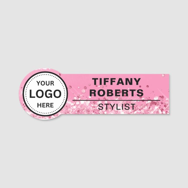 Faux Pink Glitter Company Logo Employee Name Tag (Front)