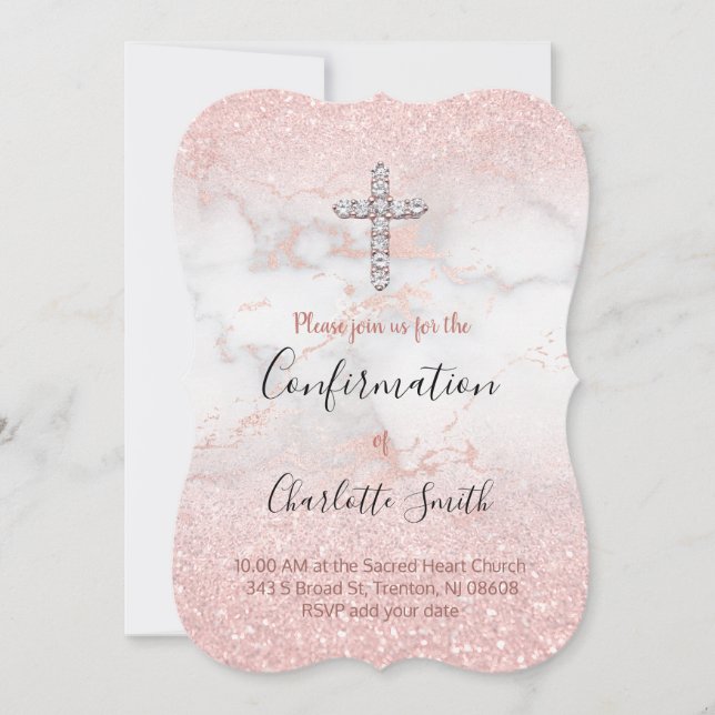 faux pink glitter on marble Confirmation Invitation (Front)